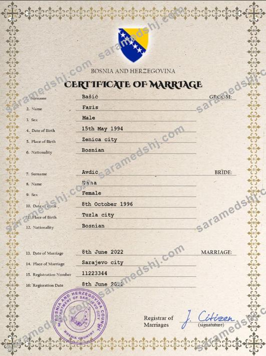 Bosnia and Herzegovina marriage certificate PSD template,